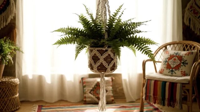 Bohemian living room with hanging fern and rattan chair.