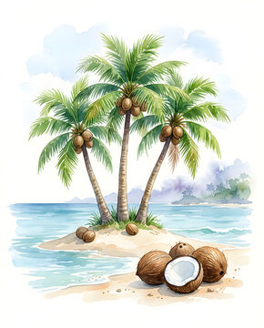 Watercolor tropical island with coconut palm trees and coastal landscape
