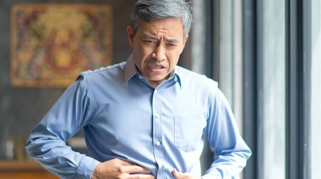 Gastrointestinal Discomfort: An older individual, gripped by abdominal distress, his face etched with worry, clutches his abdomen near a window.