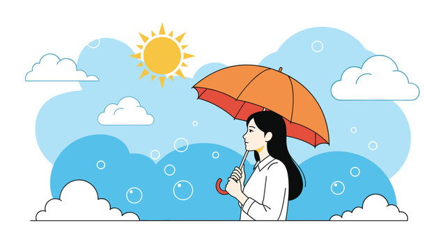 Serene woman with long black hair holding an orange umbrella during a sunshower with clouds and bubbles in the air.