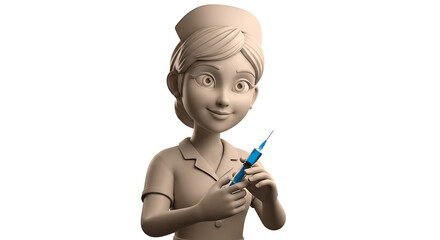 Cute cartoon nurse holding a blue syringe for medical illustration