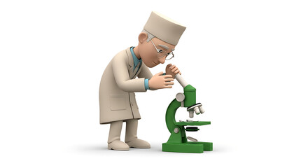 Cartoon doctor examining a microscope under a laboratory setting