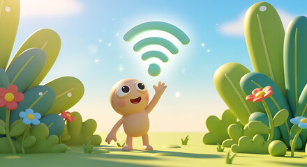 Cute cartoon character waving at a Wi-Fi symbol outdoors