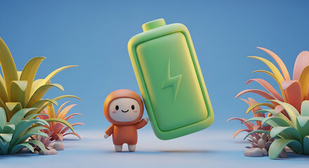 Cute orange character holding a glowing battery illustration, vibrant background