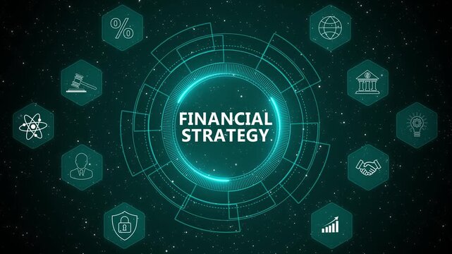 Advanced financial strategy analytics interface with digital investment planning system, revenue forecasting insights, and enterprise performance optimization animation