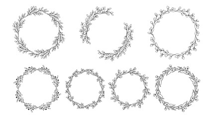Obraz premium Collection of seven unique hand drawn floral and leaf wreaths in black and white line art style for versatile design elements and logos.