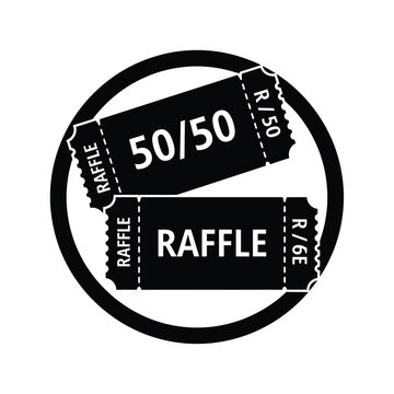 A black and white graphic depicts two raffle tickets overlapping inside a circular frame prominently displaying the number 50 50 high quality professional detailed modern