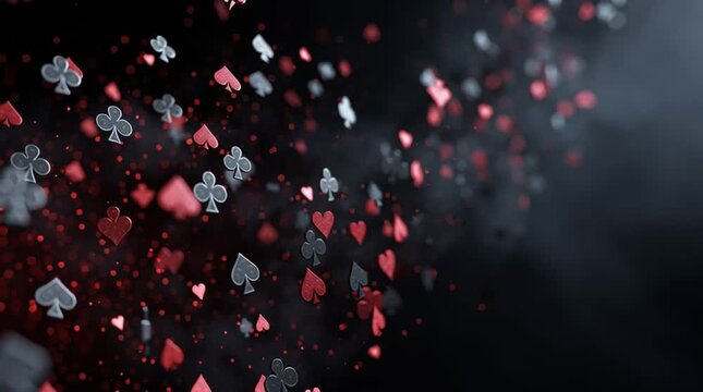 Card Symbols in Motion: An evocative artistic rendering of poker card symbols, dynamically suspended against a moody, smoky backdrop.