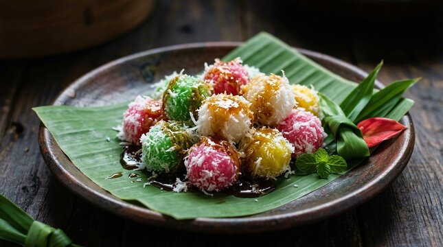 Traditional Indonesian Cenil Dessert with Grated Coconut and Palm Sugar Syrup on Banana Leaf