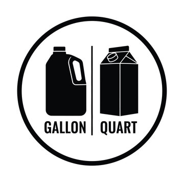 A simple black and white graphic displays a gallon jug and a quart carton visually representing volume measurements high quality professional detailed modern elegant stylish clean
