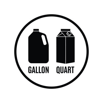 A stark black and white graphic depicts a gallon jug and a quart container labeled accordingly within a circular border high quality professional detailed