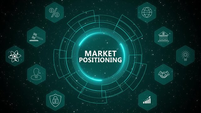 Advanced market positioning analytics interface with digital competitive strategy insights, brand performance monitoring, and business growth visualization animation