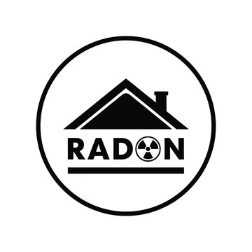 A black and white circular sign depicts a house silhouette above the word radon with a radiation symbol high quality professional detailed modern elegant stylish clean