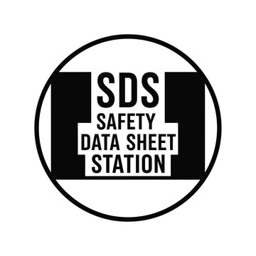 A circular black and white sign displays sds safety data sheet station indicating a location for safety information access high quality professional detailed modern elegant stylish