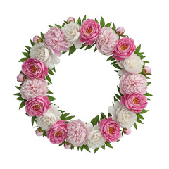 A vibrant floral wreath made of pink and white blossoms arranged in a circular pattern isolated on transparent background