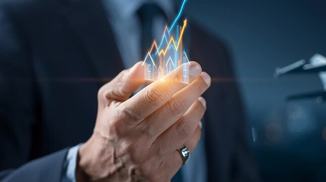 Financial Insight: A sharp-dressed individual cradles a holographic representation of the stock market, symbolizing financial analysis. A visually appealing representation of growth. 