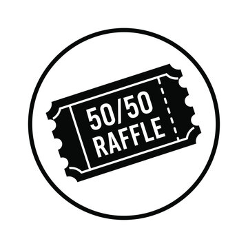 A stark black and white circular icon features a stylized ticket displaying the text 50 50 raffle within a thick border high quality professional detailed modern elegant