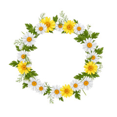 A delicate floral wreath composed of yellow daisies and green leaves arranged in a circular pattern isolated on transparent background