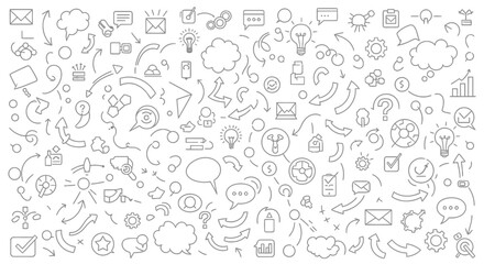 Fototapeta premium Business Doodle Icons Seamless Pattern with Arrows Speech Bubbles and Communication Symbols.Professional Infographic Resource. Strategic Workflow Visualization.