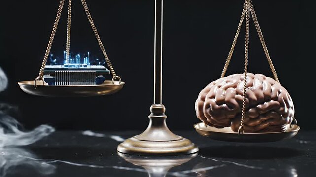 A golden scale balances a human brain against a futuristic data center