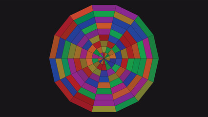 Fototapeta premium Stained glass mosaic art featuring a vibrant circular tessellation pattern with geometric shapes and bold colors, isolated on a dark background