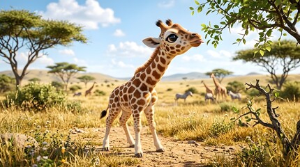 Obraz premium An adorable baby giraffe with big eyes reaching for leaves on a tree in a sunny African savanna with other wildlife in the background.