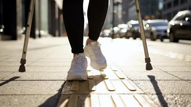 Person with crutches walks on textured pavement in a city