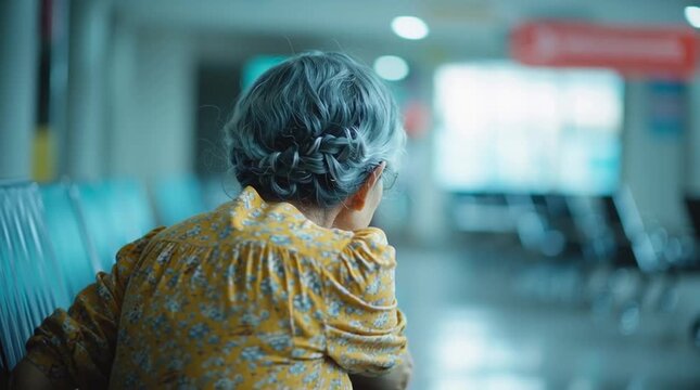 Waiting in Hospital Hall: A poignant capture of an elderly woman, her back to the camera, seated in a sterile waiting area. The composition focuses on loneliness, vulnerability, and reflection.