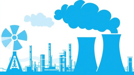 Obraz premium A nuclear facility silhouette with cooling towers, smoke, and wind turbine. It highlights energy production and industrial activity.