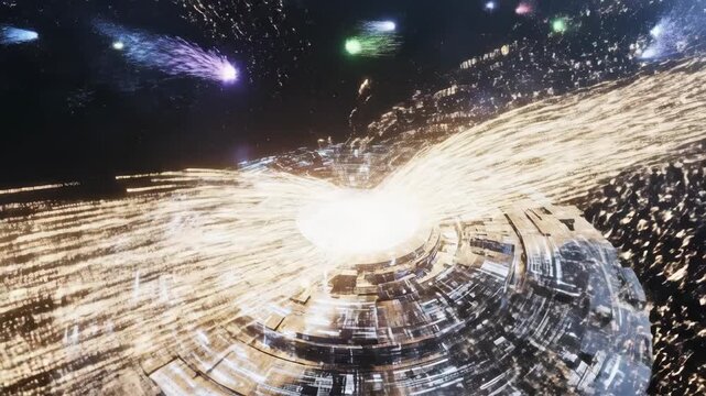 Future space station absorbing colorful energy streams