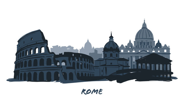A stylized silhouette of Rome's iconic landmarks, including the Colosseum and St. Peter's Basilica, against a white background.