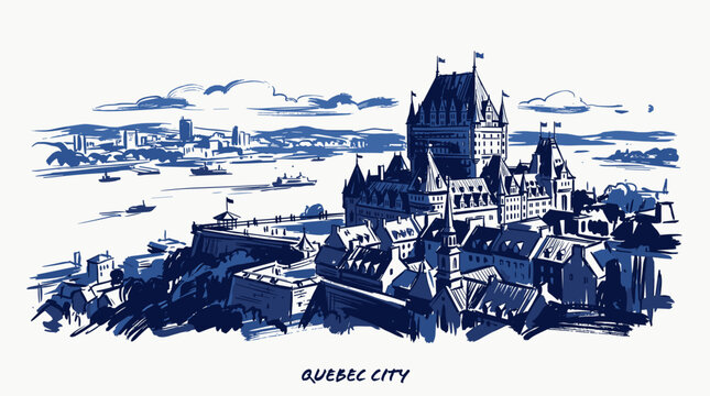 A watercolor sketch of the iconic Fairmont Le Ch&acirc;teau Frontenac hotel overlooking the St. Lawrence River in Quebec City.