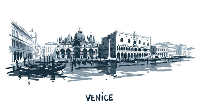 A picturesque sketch of the iconic Venetian skyline featuring gondolas on the water and grand historic buildings.