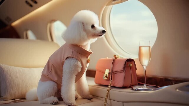 White poodle dog wearing pink dress sitting in luxury airplane interior with handbag and champagne.