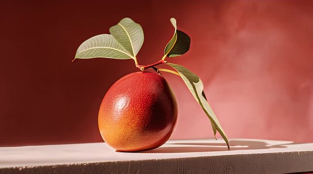 A ripe, red mango with green leaves and stem rests on a white textured surface against a gradient red backdrop. Soft lighting illuminates the fruit