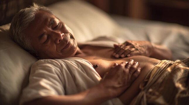 Serene Rest: An older person rests peacefully, eyes closed, on a comfortable bed, his hands gently resting on his chest, in a moment of tranquility and solitude.