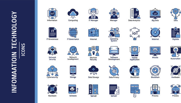 Set of Information Technology Icons Featuring IT Governance, Data Analytics, Security, Blockchain, and Cloud Computing for Tech Designs