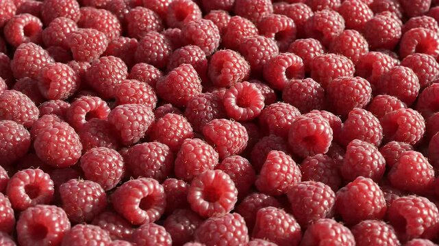 A macro view of plump, ripe raspberries filling the frame, showcasing their texture