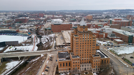 Drone aerial view of downtown Akron Ohio with landmark tower