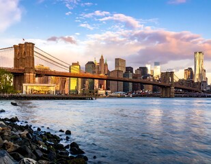 A cityscape with a bridge over a body of water at sunset