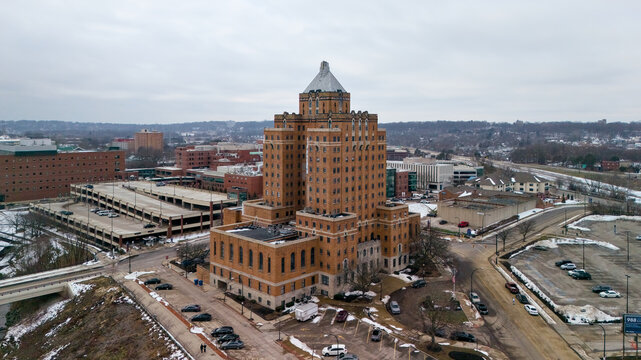 Drone view of a landmark tower in downtown Akron Ohio in winter