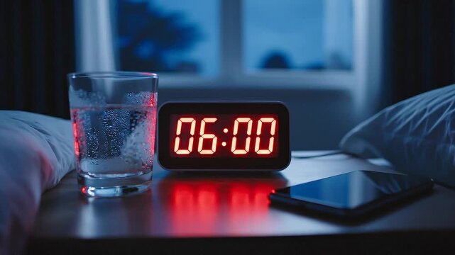 Red digital alarm clock at 6:00 AM with glass of water