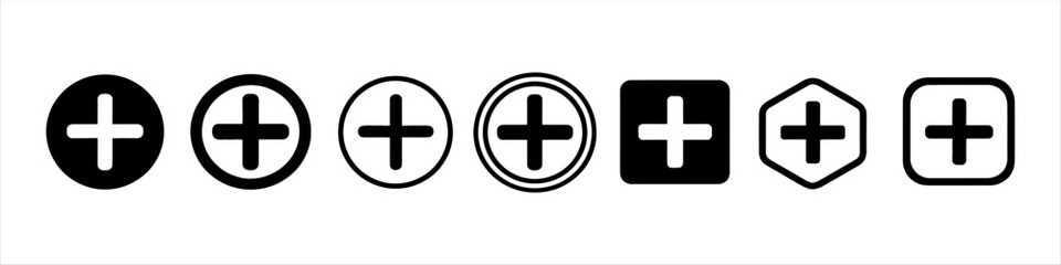 Obraz premium Collection of diverse plus sign icons for adding content or functionality in user interfaces