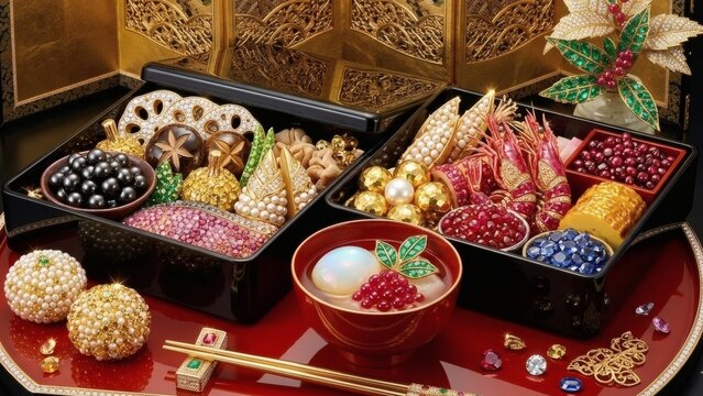 Opulent Japanese New Year feast: Osechi Ryori and Ozoni soup transformed into sparkling gemstones and diamonds against a gold screen
