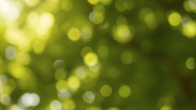 Abstract natural green bokeh background with sunlight shining through tree leaves, soft focus forest foliage.