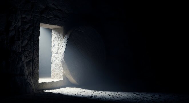 Empty Tomb of Jesus with Rolling Stone and Heavenly Light &ndash; Easter Resurrection Concept, Christian Faith and Hope