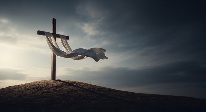 Christian Cross with Flowing White Cloth on Hill at Sunrise &ndash; Resurrection, Hope and Easter Faith Concept