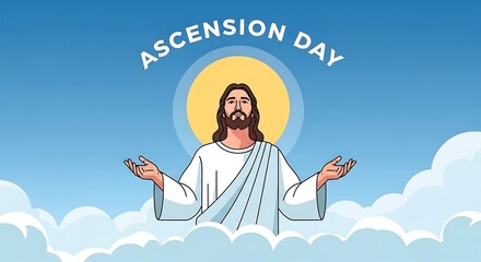 Ascension day jesus christ ascending to heaven with radiating halo and open arms