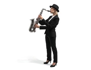 Naklejka premium A woman in a suit playing a saxophone