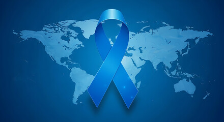 Blue awareness ribbon positioned over a global world map on a blue background representing medical support for prostate cancer diabetes and colon health advocacy symbolic of international care